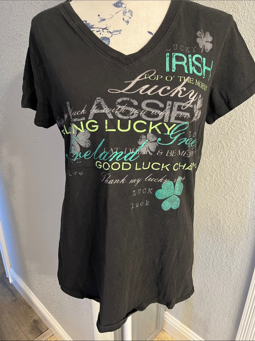 Lucky Irish Graphic V-Neck Tee - Black/Green